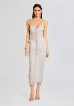 Irina Maxi Dress -Retrofete Sales Store Ecommerce Crop 23 10 25 IRINADRESS ADLEYBAG WHITESILVER 1022 ECOMM